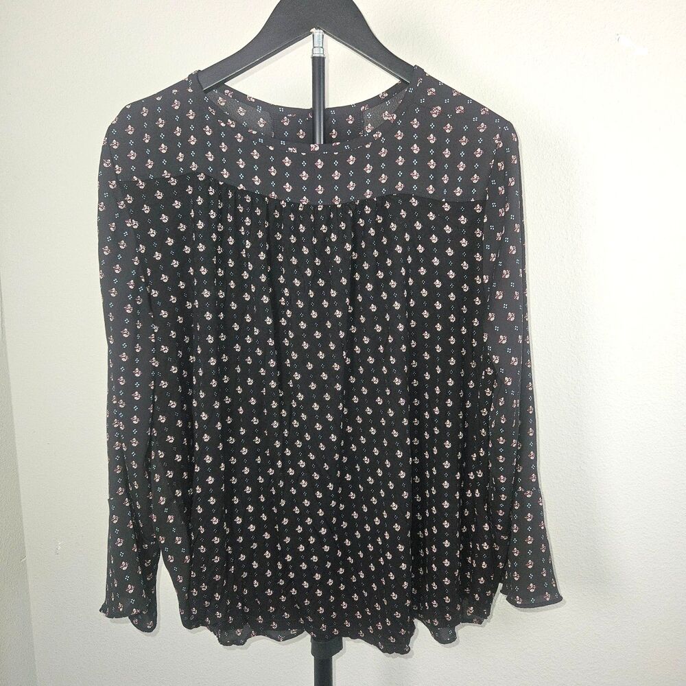 LOFT Womens Black‎ Peasant Blouse Boho Sheer Long Sleeve Geometric Top